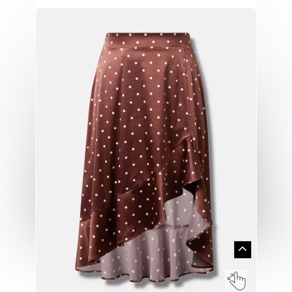 Torrid Midi Stretch Brown Satin Polka Dot Hi-Low Ruffle Skirt Womens Size 1X - Picture 3 of 6